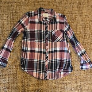 Arizona Jean Company Pink and Black Plaid Button Down Shirt